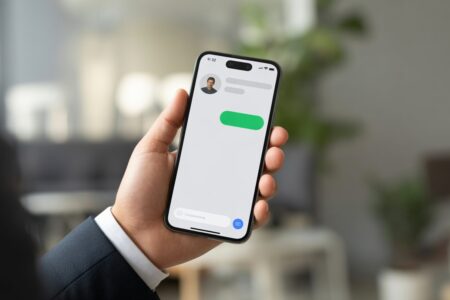 Pessoa segurando um smartphone com a foto de perfil removida em um aplicativo de mensagens.