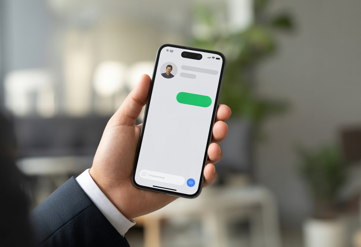 Pessoa segurando um smartphone com a foto de perfil removida em um aplicativo de mensagens.