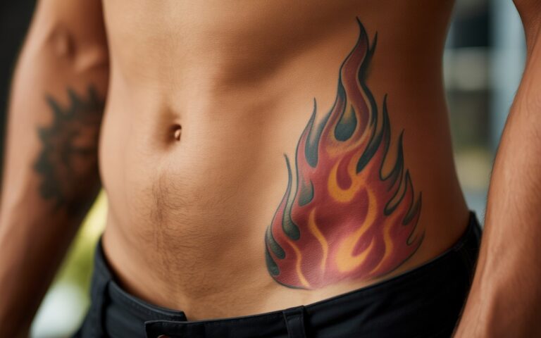 Close-up da região inferior do abdômen e parte superior da coxa com uma tatuagem de fogo na virilha.