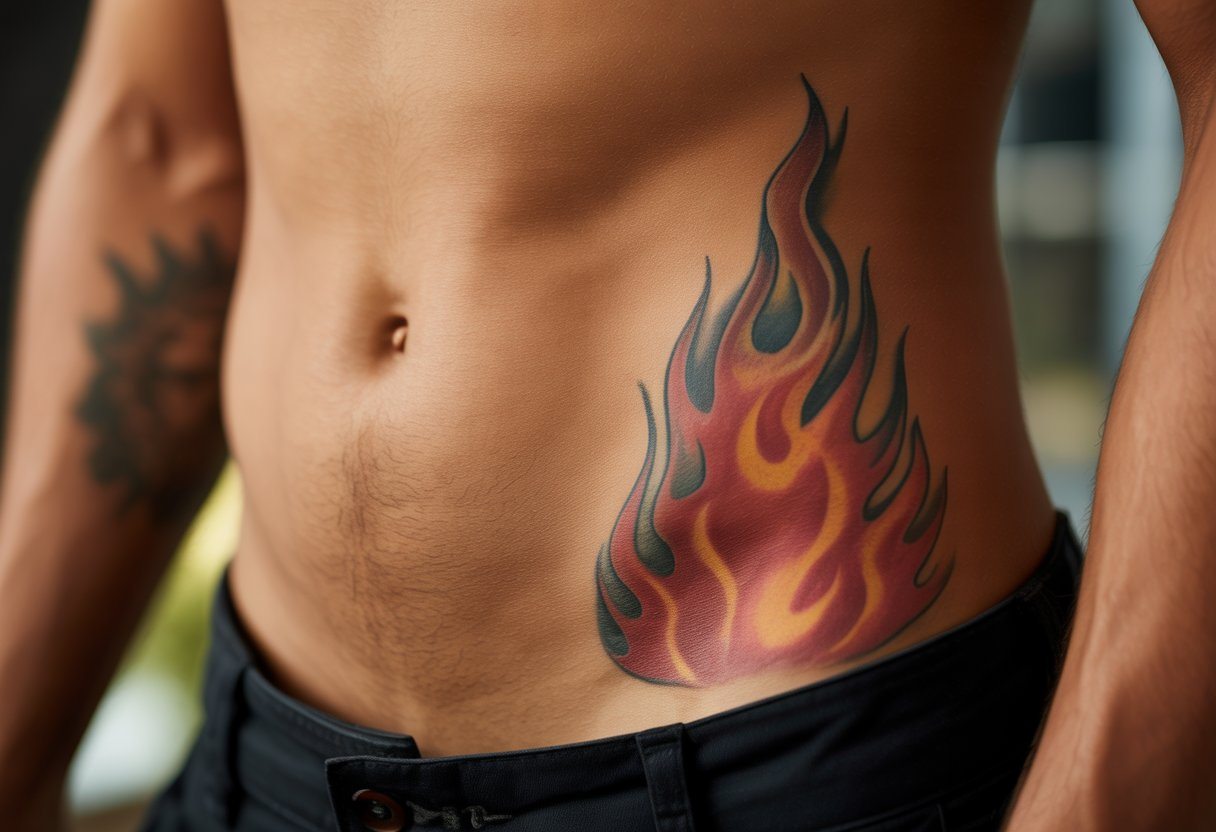 Close-up da região inferior do abdômen e parte superior da coxa com uma tatuagem de fogo na virilha.