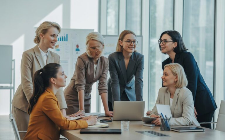 Grupo de mulheres diversas em uma reunião de trabalho em um escritório moderno, demonstrando liderança e colaboração.