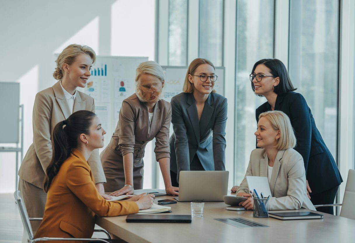 Grupo de mulheres diversas em uma reunião de trabalho em um escritório moderno, demonstrando liderança e colaboração.