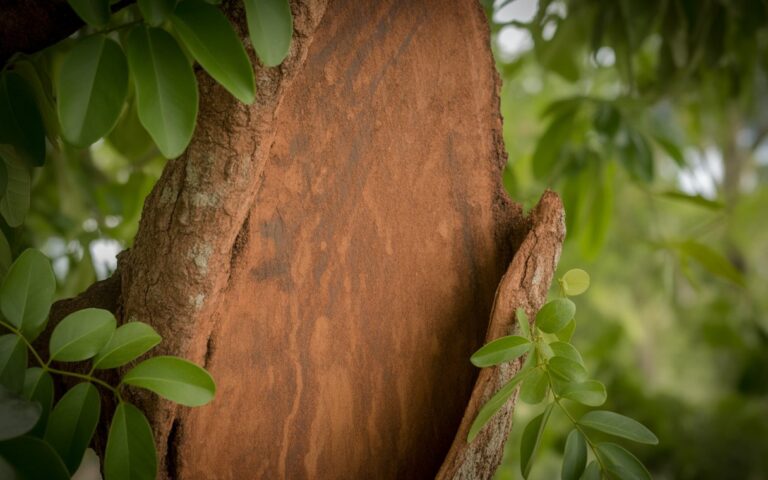 Casca de jatobá em destaque em um ambiente natural com folhas verdes ao redor.
