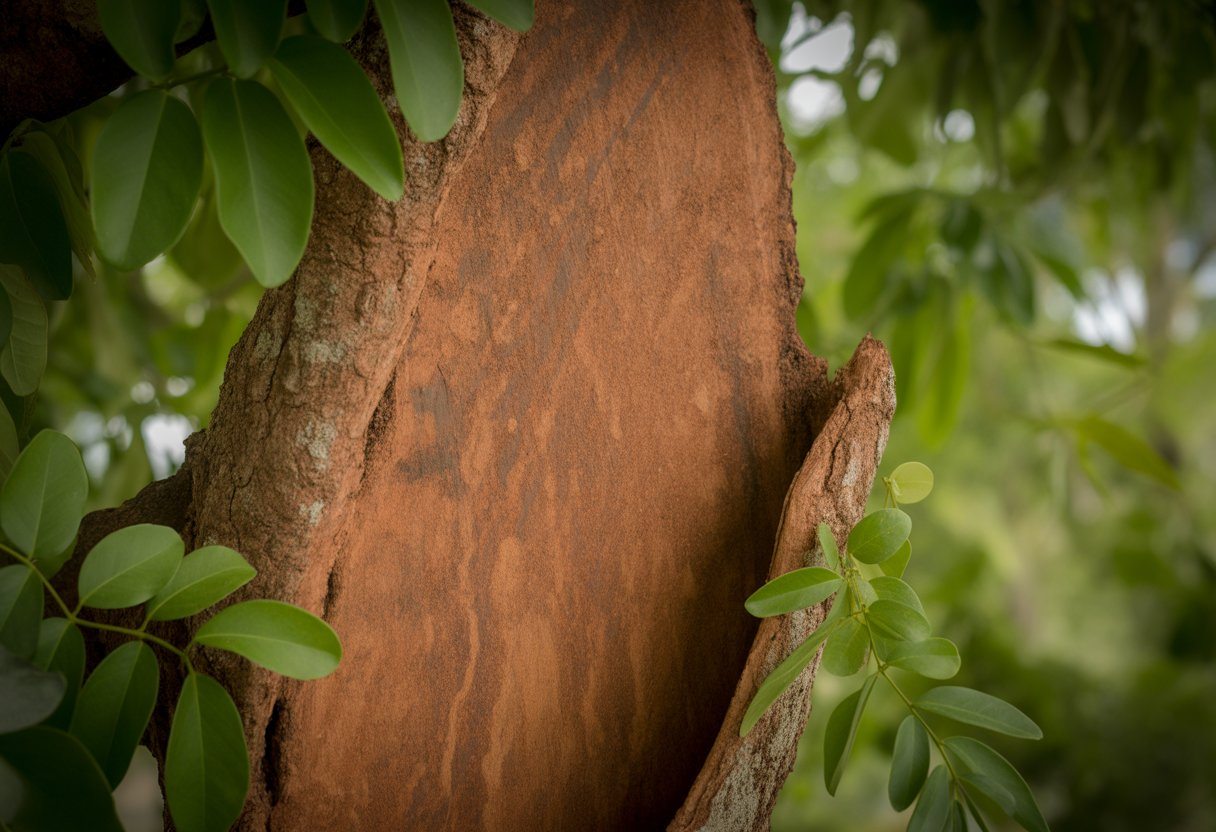 Casca de jatobá em destaque em um ambiente natural com folhas verdes ao redor.