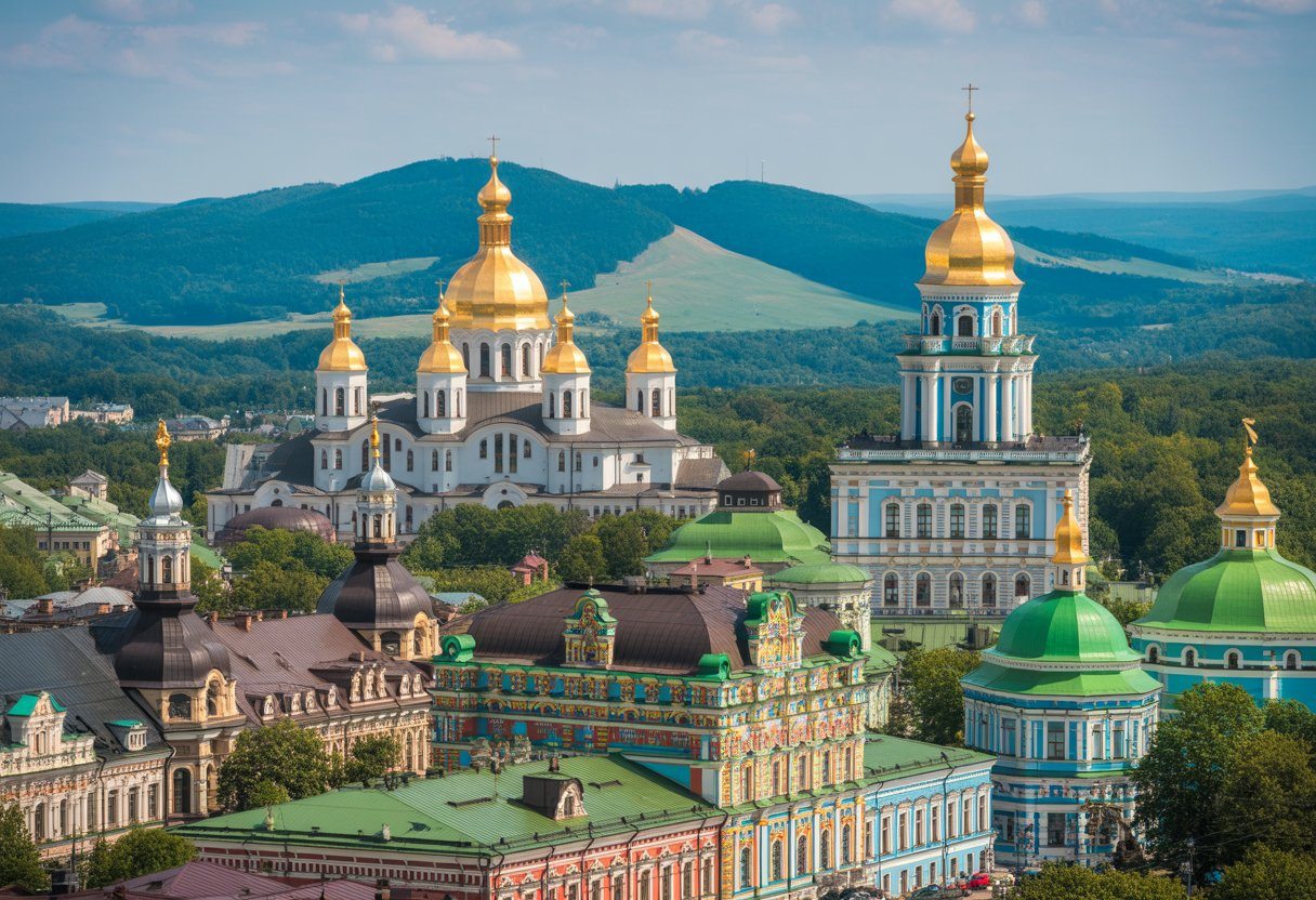 Vista de pontos turísticos da Ucrânia incluindo a Catedral de Santa Sofia em Kyiv, o centro histórico colorido de Lviv e as Montanhas dos Cárpatos ao fundo.