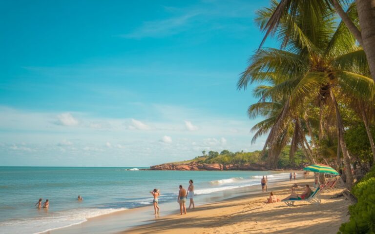 Praia tropical ensolarada em Porto Seguro com areia dourada, mar calmo e coqueiros ao vento, turistas aproveitando o dia.