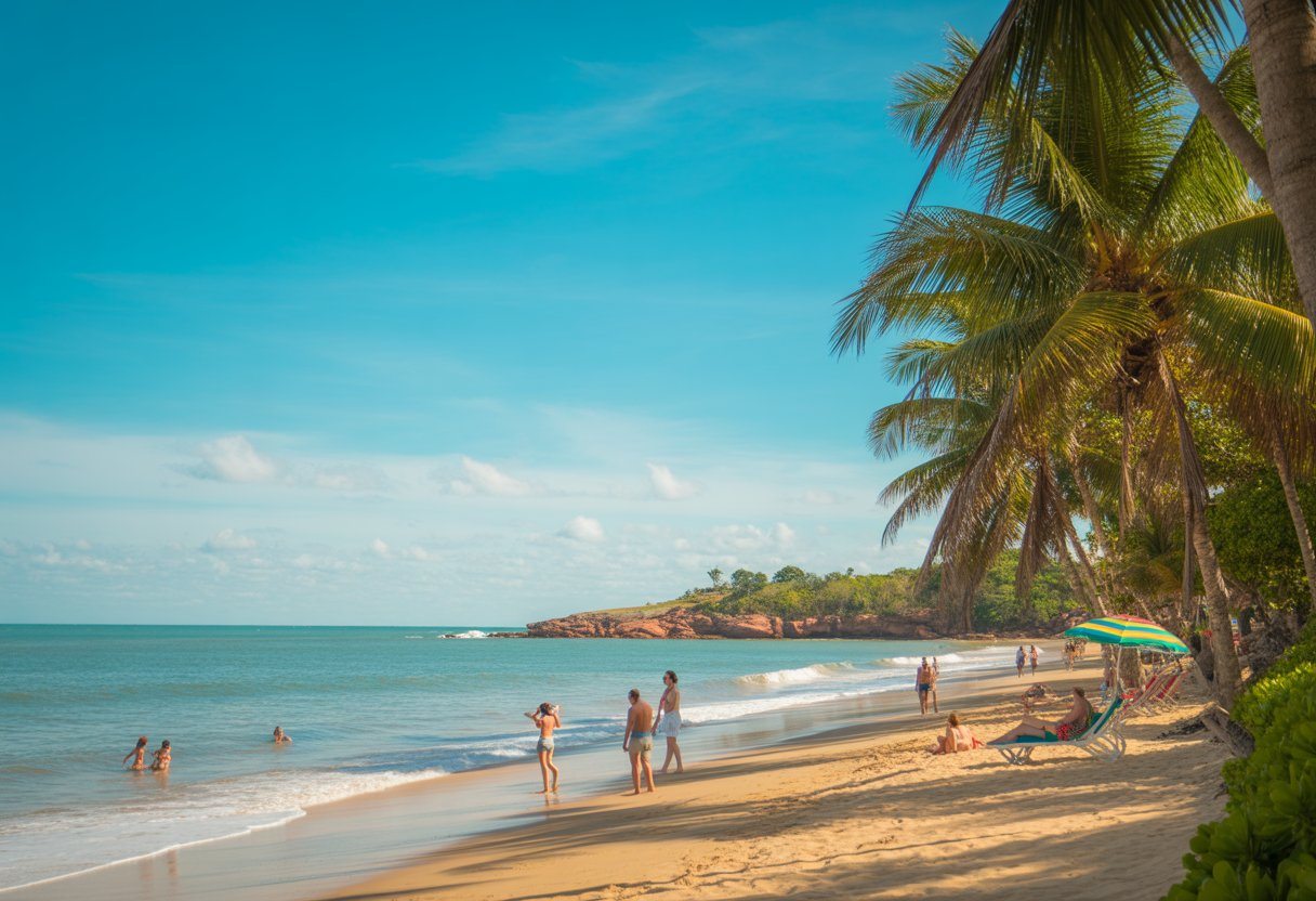 Praia tropical ensolarada em Porto Seguro com areia dourada, mar calmo e coqueiros ao vento, turistas aproveitando o dia.