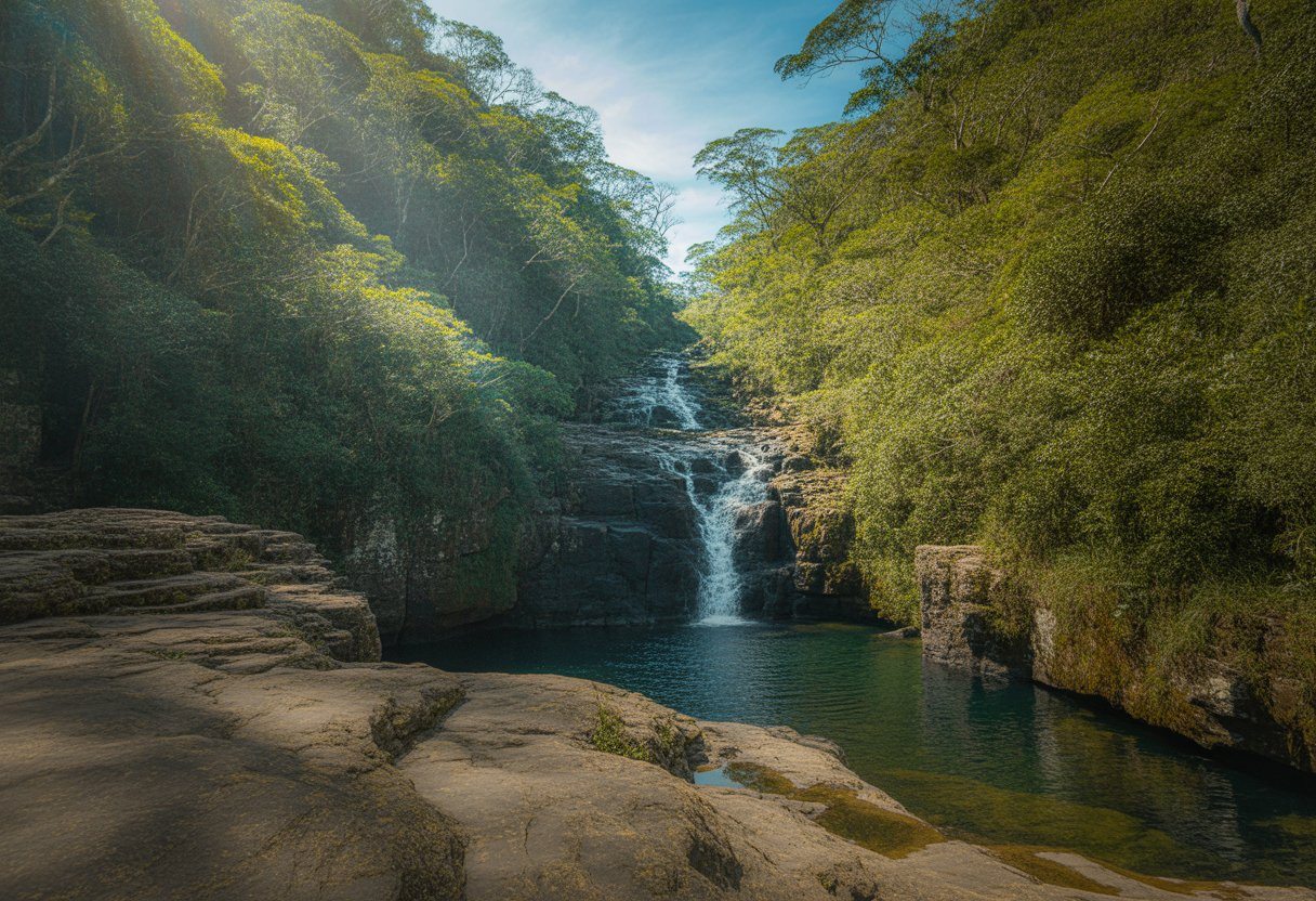 Cachoeira da Toca com água caindo de penhascos rochosos cercados por vegetação tropical densa e um lago azul cristalino abaixo.