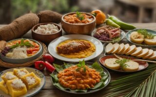 Mesa com pratos típicos de Pernambuco, incluindo tapioca, carne de sol com macaxeira, sarapatel e bolo de rolo, decorados com ingredientes frescos.