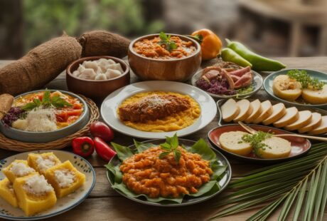 Mesa com pratos típicos de Pernambuco, incluindo tapioca, carne de sol com macaxeira, sarapatel e bolo de rolo, decorados com ingredientes frescos.