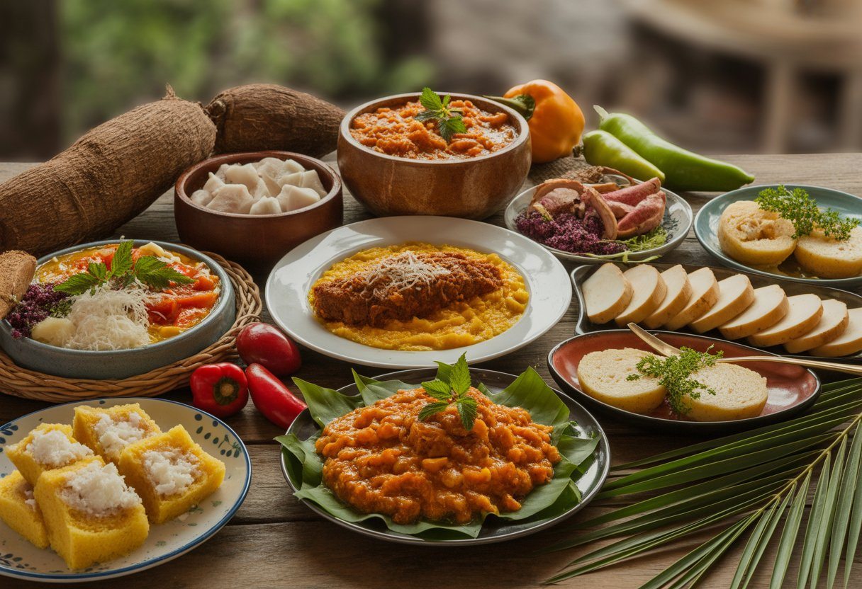 Mesa com pratos típicos de Pernambuco, incluindo tapioca, carne de sol com macaxeira, sarapatel e bolo de rolo, decorados com ingredientes frescos.