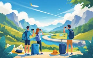 Cena de viagem com pessoas explorando uma paisagem montanhosa, uma estrada sinuosa, um avião no céu e malas ao redor.