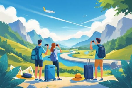 Cena de viagem com pessoas explorando uma paisagem montanhosa, uma estrada sinuosa, um avião no céu e malas ao redor.