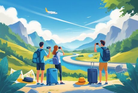 Cena de viagem com pessoas explorando uma paisagem montanhosa, uma estrada sinuosa, um avião no céu e malas ao redor.