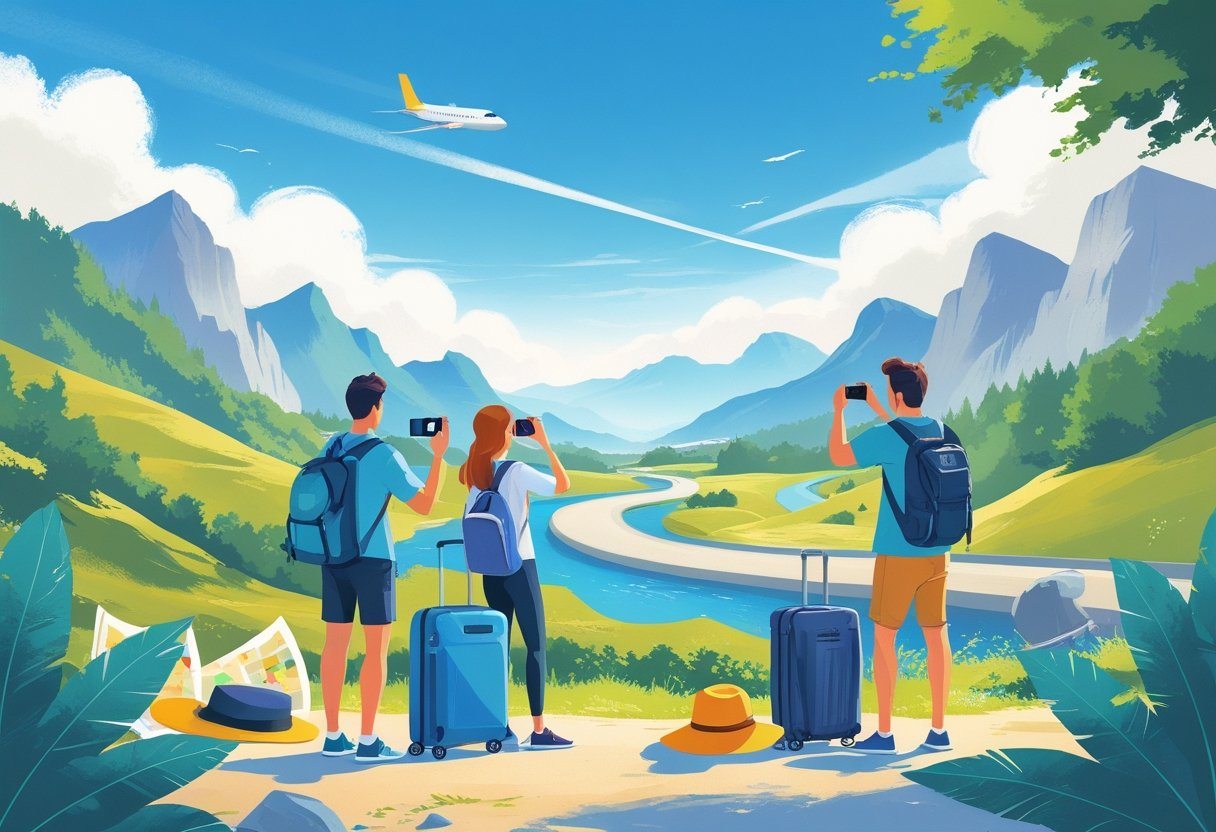 Cena de viagem com pessoas explorando uma paisagem montanhosa, uma estrada sinuosa, um avião no céu e malas ao redor.