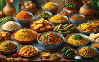 Mesa com diversos pratos tradicionais de comidas de origem africana, incluindo arroz jollof, fufu, sopa egusi, injera, banana-da-terra, espetinhos suya e akara, acompanhados de ingredientes frescos e utensílios tradicionais.