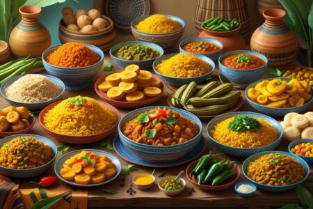 Mesa com diversos pratos tradicionais de comidas de origem africana, incluindo arroz jollof, fufu, sopa egusi, injera, banana-da-terra, espetinhos suya e akara, acompanhados de ingredientes frescos e utensílios tradicionais.