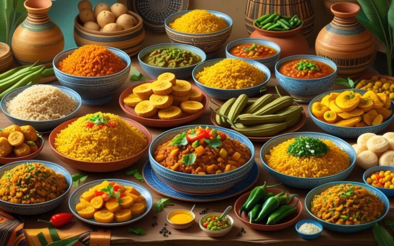 Mesa com diversos pratos tradicionais de comidas de origem africana, incluindo arroz jollof, fufu, sopa egusi, injera, banana-da-terra, espetinhos suya e akara, acompanhados de ingredientes frescos e utensílios tradicionais.