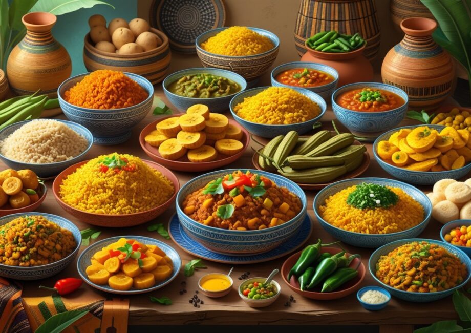 Mesa com diversos pratos tradicionais de comidas de origem africana, incluindo arroz jollof, fufu, sopa egusi, injera, banana-da-terra, espetinhos suya e akara, acompanhados de ingredientes frescos e utensílios tradicionais.