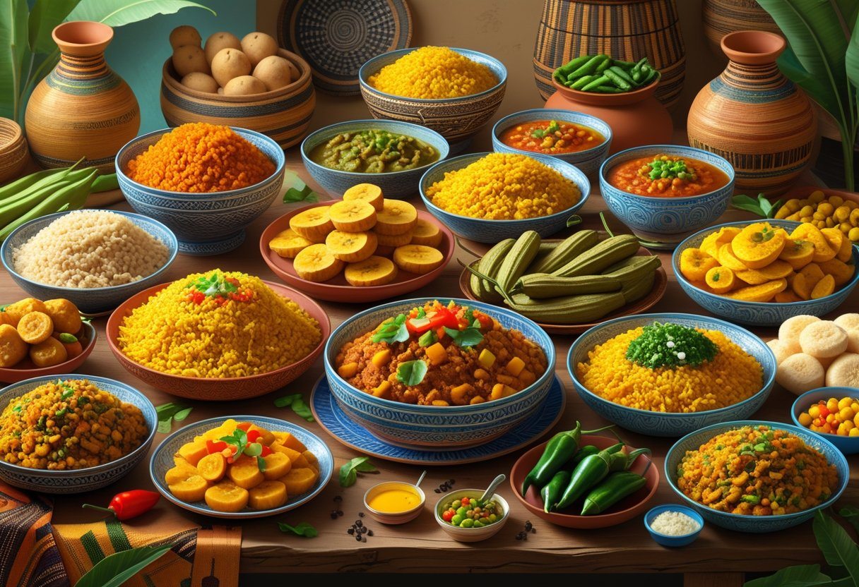 Mesa com diversos pratos tradicionais de comidas de origem africana, incluindo arroz jollof, fufu, sopa egusi, injera, banana-da-terra, espetinhos suya e akara, acompanhados de ingredientes frescos e utensílios tradicionais.