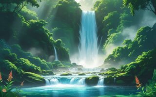 Cachoeira caindo em várias quedas sobre pedras, rodeada por vegetação verde e flores, com um lago azul cristalino na base.