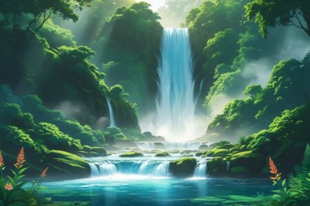 Cachoeira caindo em várias quedas sobre pedras, rodeada por vegetação verde e flores, com um lago azul cristalino na base.