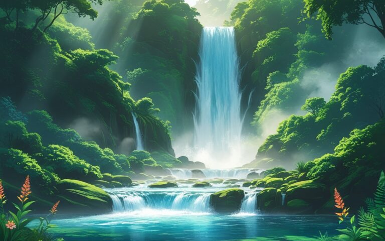 Cachoeira caindo em várias quedas sobre pedras, rodeada por vegetação verde e flores, com um lago azul cristalino na base.