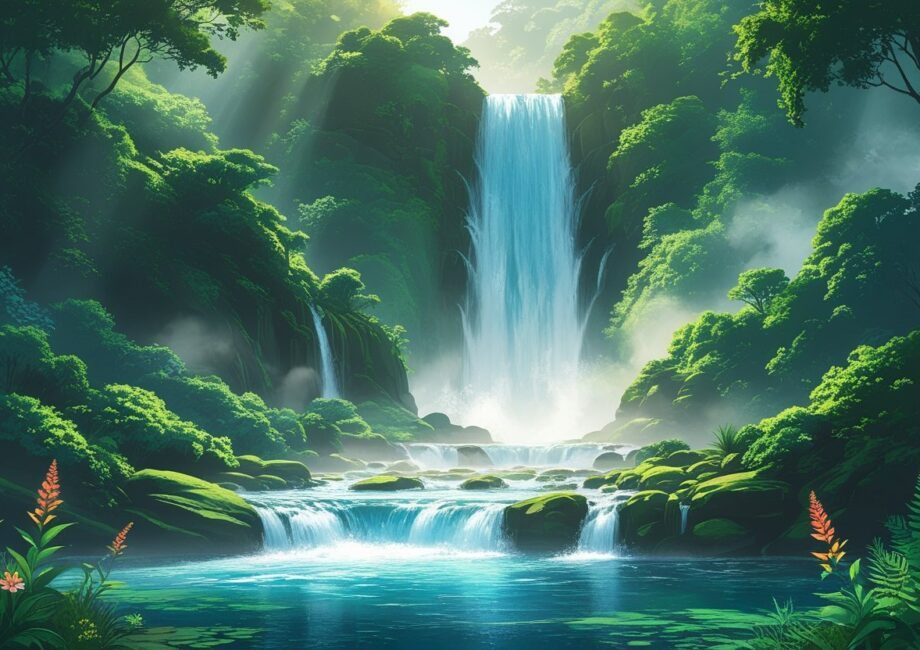 Cachoeira caindo em várias quedas sobre pedras, rodeada por vegetação verde e flores, com um lago azul cristalino na base.