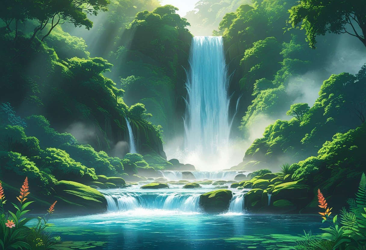 Cachoeira caindo em várias quedas sobre pedras, rodeada por vegetação verde e flores, com um lago azul cristalino na base.