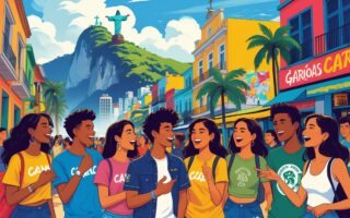 Jovens conversando animadamente em uma rua do Rio de Janeiro com o Cristo Redentor ao fundo e elementos típicos da cidade.