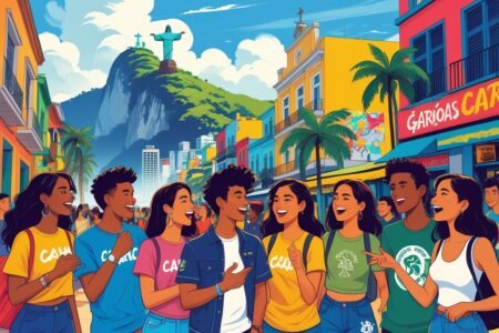 Jovens conversando animadamente em uma rua do Rio de Janeiro com o Cristo Redentor ao fundo e elementos típicos da cidade.
