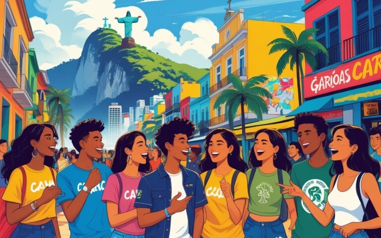 Jovens conversando animadamente em uma rua do Rio de Janeiro com o Cristo Redentor ao fundo e elementos típicos da cidade.