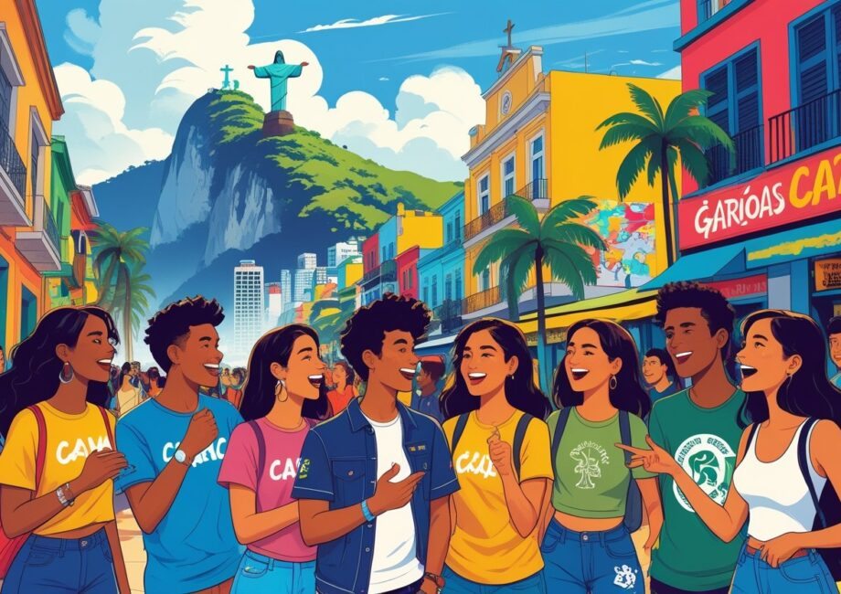 Jovens conversando animadamente em uma rua do Rio de Janeiro com o Cristo Redentor ao fundo e elementos típicos da cidade.