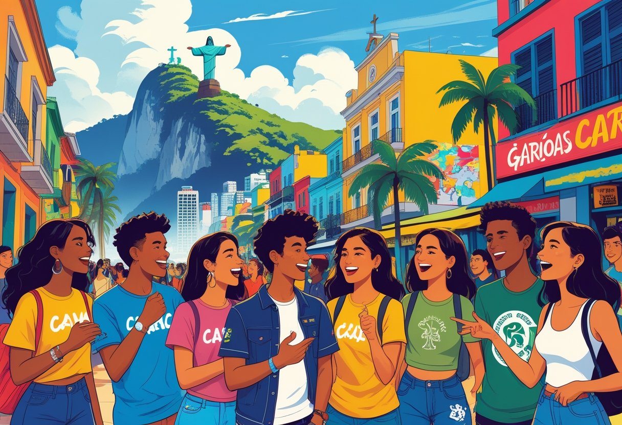Jovens conversando animadamente em uma rua do Rio de Janeiro com o Cristo Redentor ao fundo e elementos típicos da cidade.