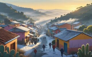 Vista de uma pequena cidade do Nordeste com casas coloridas, pessoas vestindo roupas de frio e leve neblina cobrindo o cenário ao amanhecer.