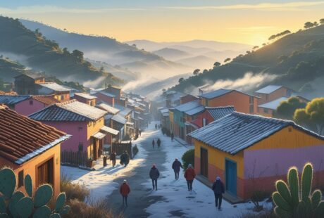 Vista de uma pequena cidade do Nordeste com casas coloridas, pessoas vestindo roupas de frio e leve neblina cobrindo o cenário ao amanhecer.