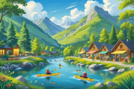 Cena de uma vila montanhosa com pessoas caminhando, praticando caiaque em um rio, cabanas rústicas, trilhas e uma feira ao ar livre com barracas coloridas.