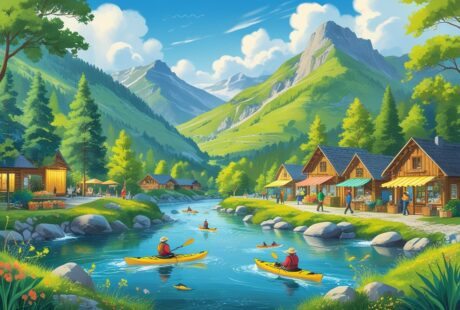 Cena de uma vila montanhosa com pessoas caminhando, praticando caiaque em um rio, cabanas rústicas, trilhas e uma feira ao ar livre com barracas coloridas.