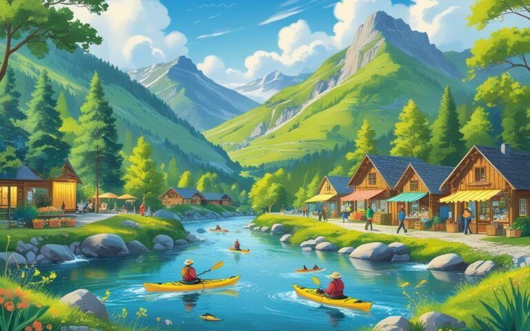 Cena de uma vila montanhosa com pessoas caminhando, praticando caiaque em um rio, cabanas rústicas, trilhas e uma feira ao ar livre com barracas coloridas.