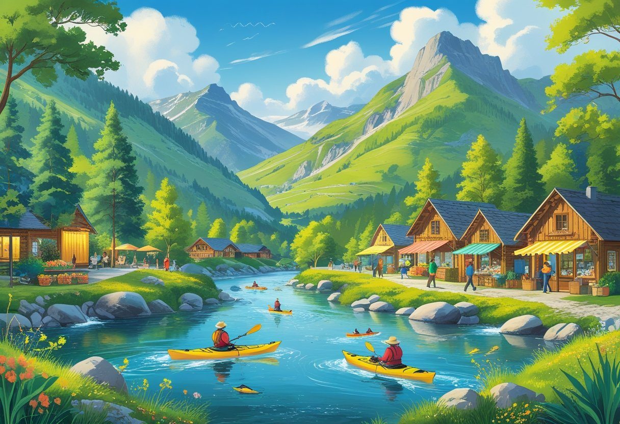 Cena de uma vila montanhosa com pessoas caminhando, praticando caiaque em um rio, cabanas rústicas, trilhas e uma feira ao ar livre com barracas coloridas.