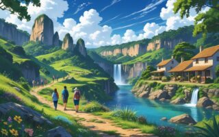 Paisagem natural de São Thomé das Letras com formações rochosas, cachoeira, vegetação verde e pessoas explorando uma vila rústica e trilhas ao ar livre.