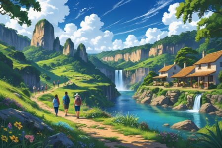 Paisagem natural de São Thomé das Letras com formações rochosas, cachoeira, vegetação verde e pessoas explorando uma vila rústica e trilhas ao ar livre.