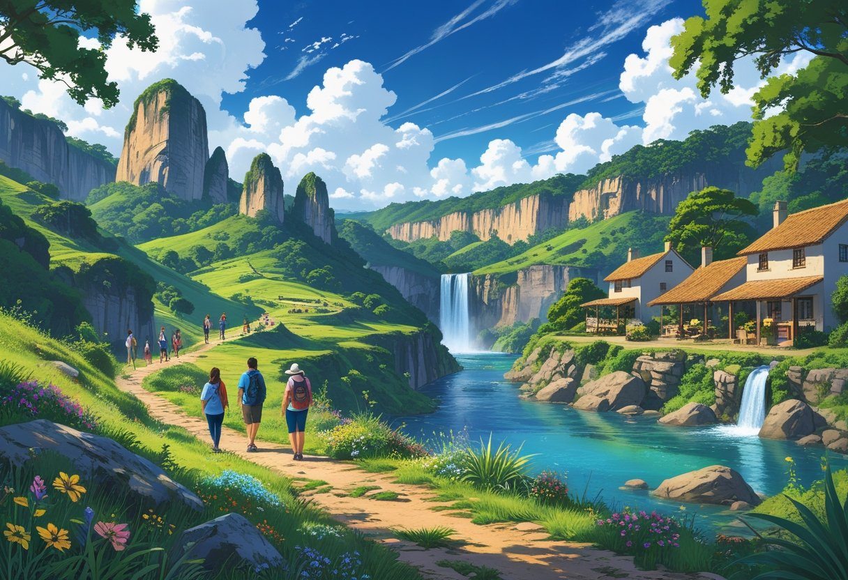 Paisagem natural de São Thomé das Letras com formações rochosas, cachoeira, vegetação verde e pessoas explorando uma vila rústica e trilhas ao ar livre.