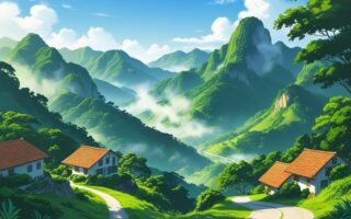 Montanhas verdes e cobertas por floresta tropical no Rio de Janeiro, com uma estrada sinuosa e casas tradicionais entre as árvores.