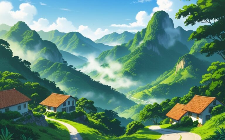 Montanhas verdes e cobertas por floresta tropical no Rio de Janeiro, com uma estrada sinuosa e casas tradicionais entre as árvores.