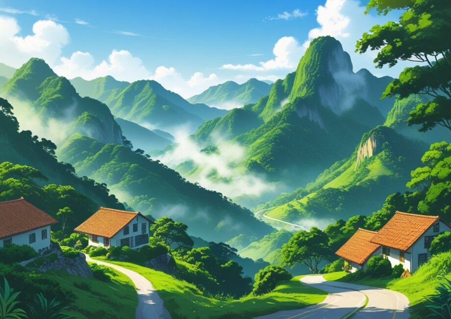 Montanhas verdes e cobertas por floresta tropical no Rio de Janeiro, com uma estrada sinuosa e casas tradicionais entre as árvores.