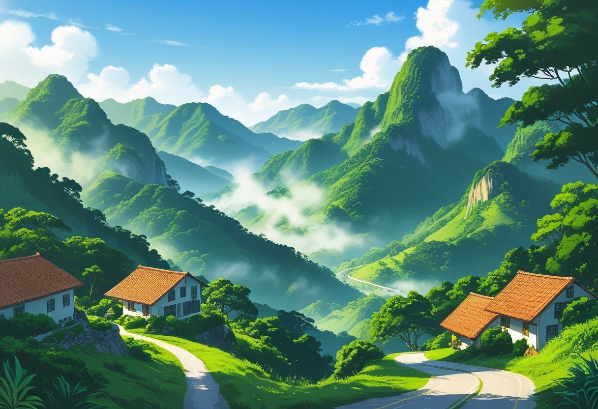 Montanhas verdes e cobertas por floresta tropical no Rio de Janeiro, com uma estrada sinuosa e casas tradicionais entre as árvores.