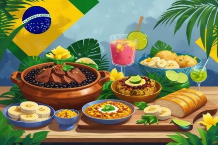 Mesa com pratos tradicionais do Rio de Janeiro, incluindo feijoada, pastel, açaí, pão de queijo e uma caipirinha, com elementos tropicais ao fundo.