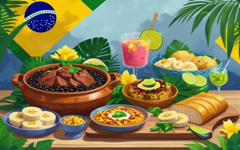 Mesa com pratos tradicionais do Rio de Janeiro, incluindo feijoada, pastel, açaí, pão de queijo e uma caipirinha, com elementos tropicais ao fundo.