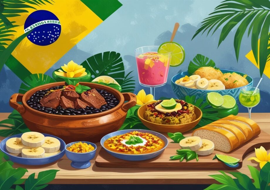 Mesa com pratos tradicionais do Rio de Janeiro, incluindo feijoada, pastel, açaí, pão de queijo e uma caipirinha, com elementos tropicais ao fundo.